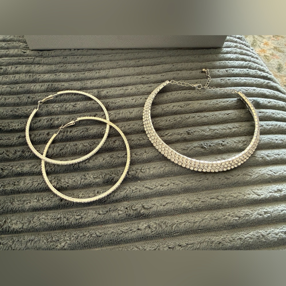 Fashion Nova Silver Necklace and Hoop Earrings Set